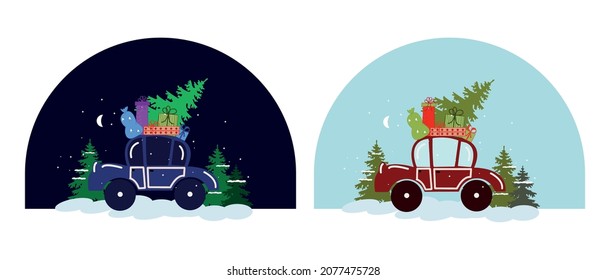 New Year vector illustration of auto lucky Christmas tree with gifts, auto Santa, children's drawing