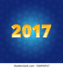 New Year Vector Illustration. Calendar Color Icon. Gold 2017 text on dark blue background with snowflakes pattern. Luxury style gold figures with glare and reflections.