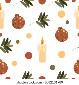 New Year vector illustration candle, toys, tree Christmas seamless pattern 
