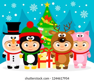 New Year vector illustration with Christmas tree and kids in New Year costume.Vector illustration