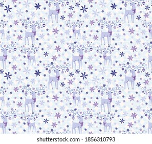 New Year vector illustration. Christmas deer in a seamless hand drawn pattern. Snowflakes and toys decorate the deer's antlers. Digtle drawing