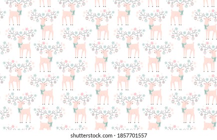 New Year vector illustration. Christmas deer in a seamless hand drawn pattern. Snowflakes and toys decorate the deer's antlers. Digtle drawing