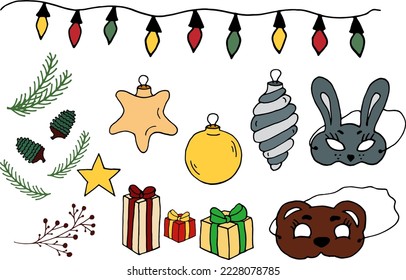 Ilustración vectorial de año nuevo. Bolas de Navidad estrellas de espiral de árbol máscara de brunch regalo conos de pino. Elementos para colorear, imprimir, ilustraciones de diseño con el estilo de contorno