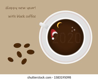 New Year vector illustration of a cup of coffee with coffee bubbles in the form of 2020. Near coffee beans.