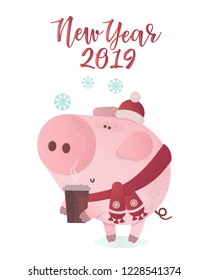 New Year vector illustration. Cute pig in a winter scarf. Greeting illustration. Symbol of winter holidays. Zodiac sign. Perfect for calendar and celebration card.