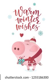 New Year vector illustration. Cute pig in a winter scarf. Greeting illustration. Symbol of winter holidays. Zodiac sign. Perfect for calendar and celebration card.