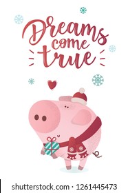 New Year vector illustration. Cute pig in a winter scarf. Greeting illustration. Symbol of winter holidays. Zodiac sign. Perfect for calendar and celebration card.