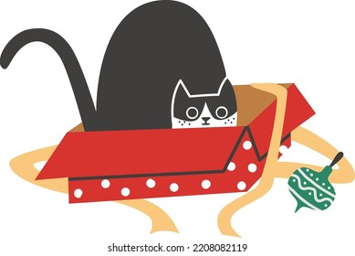New Year vector illustration. Cute cat jumping out of a gift box