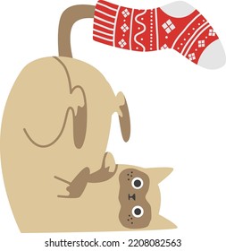 New Year vector illustration. Cute cat lying upside down with a New Year sock on his tail