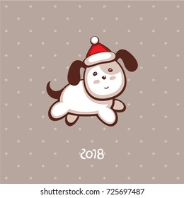 New year vector illustration of a cute running doggy in a Santa hat. Holidays greeting card.