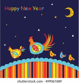 New Year vector illustration with doodle cock, hen and chicken. Holiday background.