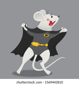 New Year vector illustration a funny mouse in a black coat. 