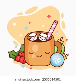 New Year vector illustration. Glass of cocoa with sweets in kawaii style