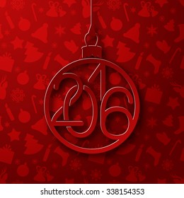New Year vector illustration, greeting card, postcard, 2016 in the shape of decorative Christmas tree ball on red pattern with Christmas symbols