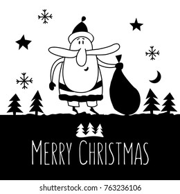 New year vector illustration. Hand drawn. Funny Santa Claus with bag of gifts.