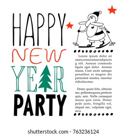 New year vector illustration. Hand drawn. Funny Santa Claus on skis.