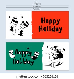 New year vector illustration. Hand drawn. Funny Santa Claus on skis.