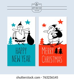 New year vector illustration. Hand drawn. Funny Santa Claus skiing with a sack of gifts.