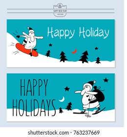 New year vector illustration. Hand drawn. Funny Santa Claus on skis and a skateboard.