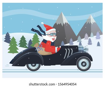 New Year vector illustration with happy Santa Claus in an old car. Bright cheerful Christmas card template