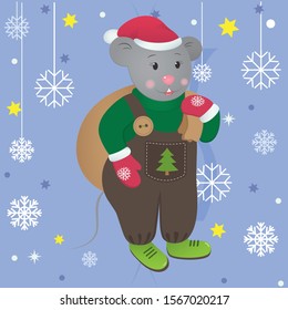New Year vector illustration with mouse symbol of the 2020 year. New Year or Christmac card template with funny character on a blue background with snowflakes