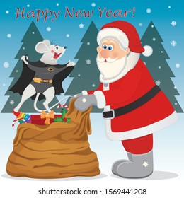 New Year vector illustration with Santa and a mouse. New Year or Christmac card template with funny characters on a colorful background with fir trees and snowflakes