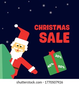 New year vector illustration. Santa Claus looks out from behind the tree, snow, gifts, discounts. Christmas sale.