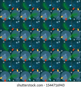 New Year vector illustration. Seamless pattern with fir branches, garlands, stars, spheres on a blue background, handmade, artistic.