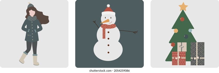 New year vector illustration set. woman, snowman, christmas tree  and gifts for postcards, 
websites and other projects