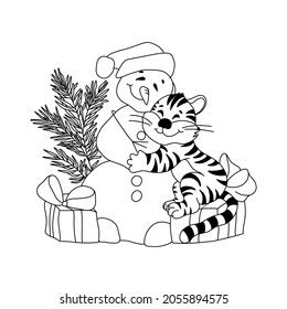 New Year vector illustration. A snowman with a tiger cub on a transparent background. Vector EPS 10.