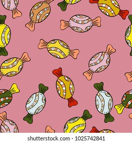 New year Vector illustration. Wrapping paper for Christmas gifts. Christmas vector seamless pattern with candies on pink, black and yellow background.
