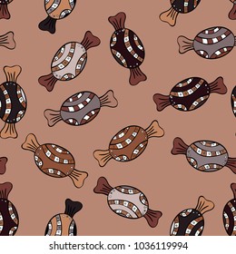 New year Vector illustration. Wrapping paper for Christmas gifts. Christmas vector seamless pattern with candies on beige, brown and black background.