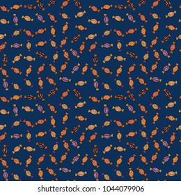 New year Vector illustration. Wrapping paper for Christmas gifts. Christmas vector seamless pattern with candies on blue, orange and black background.