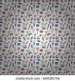 New year Vector illustration. Wrapping paper for Christmas gifts. Christmas vector seamless pattern with candies on white, neutral and blue background.