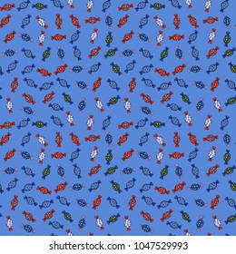 New year Vector illustration. Wrapping paper for Christmas gifts. Christmas vector seamless pattern with candies on blue, black and red background.