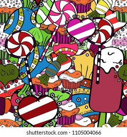 New year Vector illustration. Wrapping paper for Christmas gifts. Christmas vector seamless pattern with candies on white, black and red background.