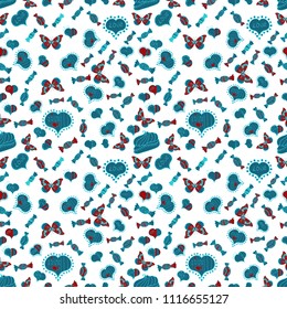 New year Vector illustration. Wrapping paper for Christmas gifts. Christmas vector seamless pattern with candies on white, blue and red background.