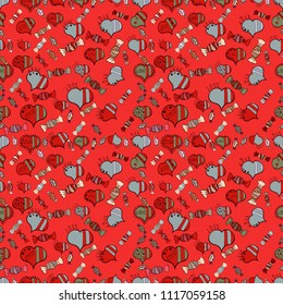 New year Vector illustration. Wrapping paper for Christmas gifts. Christmas vector seamless pattern with candies on red, gray and black background.