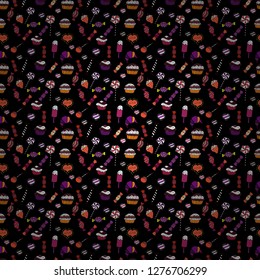 New year Vector illustration. Wrapping paper for Christmas gifts. Christmas vector seamless pattern with candies on purple, white and black background.