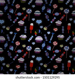 New year Vector illustration. Wrapping paper for Christmas gifts. Christmas vector seamless pattern with candies on blue, white and black background.