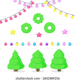 New Year vector illustration with wreaths, fir trees, garlands, stars and ornaments.Designed for printing, postcards and textiles