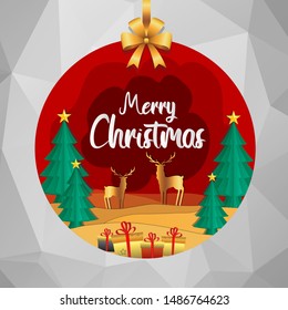 New Year vector image with christmas red, green and gold decoration with pine trees and christmas deer