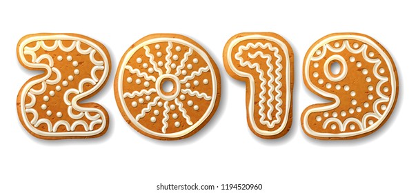 New Year, vector inscription 2019 in shape of Christmas gingerbreads, decorated white icing,  isolated on white