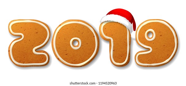 New Year, vector inscription 2019 in shape of Christmas gingerbreads, decorated white icing,  isolated on white