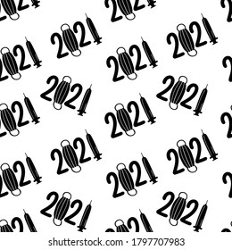 new year vector monochrome seamless pattern. Figures 2021 with symbols of the coronavirus pandemic. Mask and syringe with covid-19 vaccine in 2021. Continuation of the pandemic in the new year.