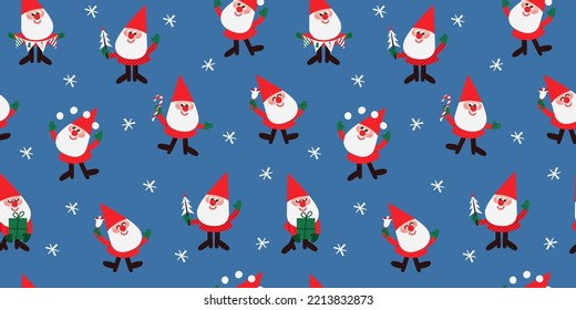 New Year vector pattern with cute Santas in cartoon style. Gnomes in red hats in winter activity poses. Festive vector seamless pattern.