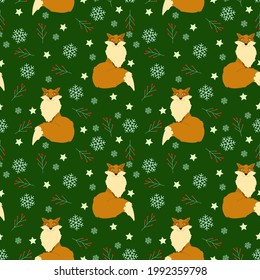 new year vector pattern with foxes and snowflakes on a dark green background