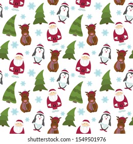 New year vector pattern with 
illustration Christmas trees, 
deer and penguin for gift wrap and 
textile.