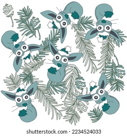 New Year vector pattern from a linear drawing of a rabbit and coniferous branches. Chinese new year 2023 year of the rabbit