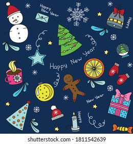 New year vector pattern on a blue background. Christmas icons seamless pattern, Happy Winter Holiday tile background. Doodle outline ornamental design elements